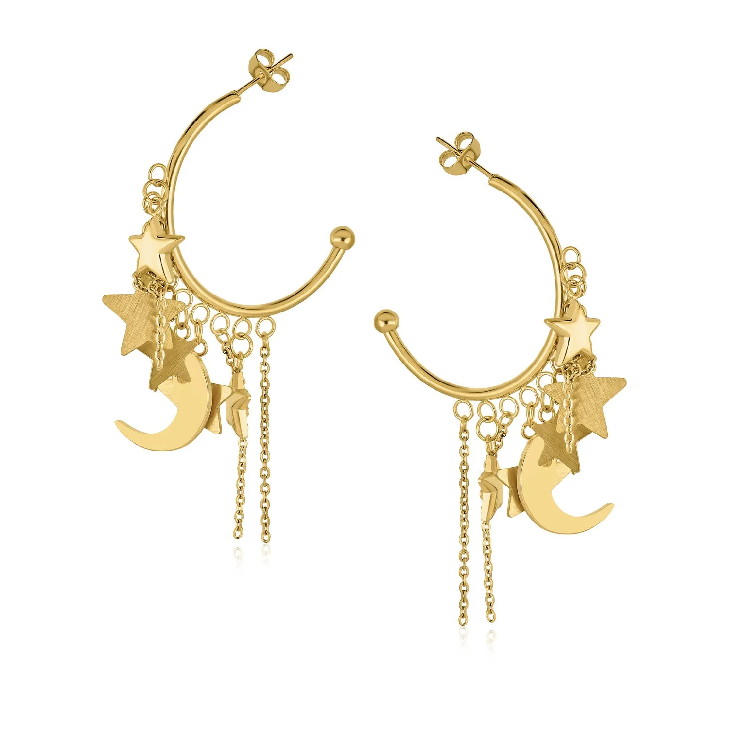 Trendy Moon Stars Dangling Charm Crescent Large Hoop Stud Earrings