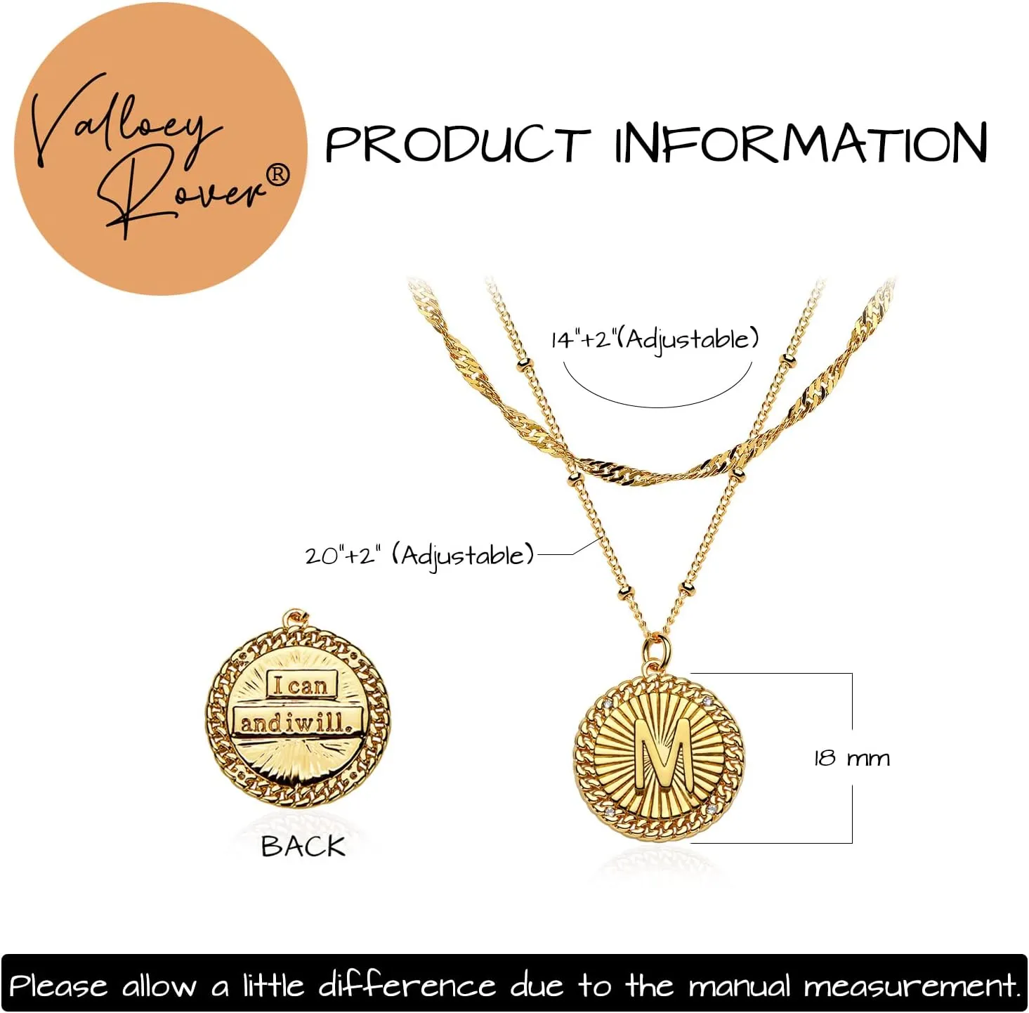 Valloey Rover Letter Necklace for Women Dainty 14K Gold Plated Layer Necklace CZ Initial Rope Disc Pendant Satellite Chain Necklace Personalized for Jewelry Gifts