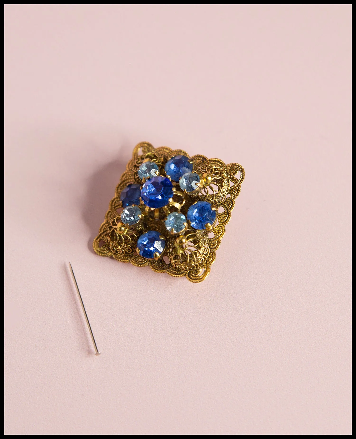 Vintage 1950s Blue Square Czech Rhinestone Brooch