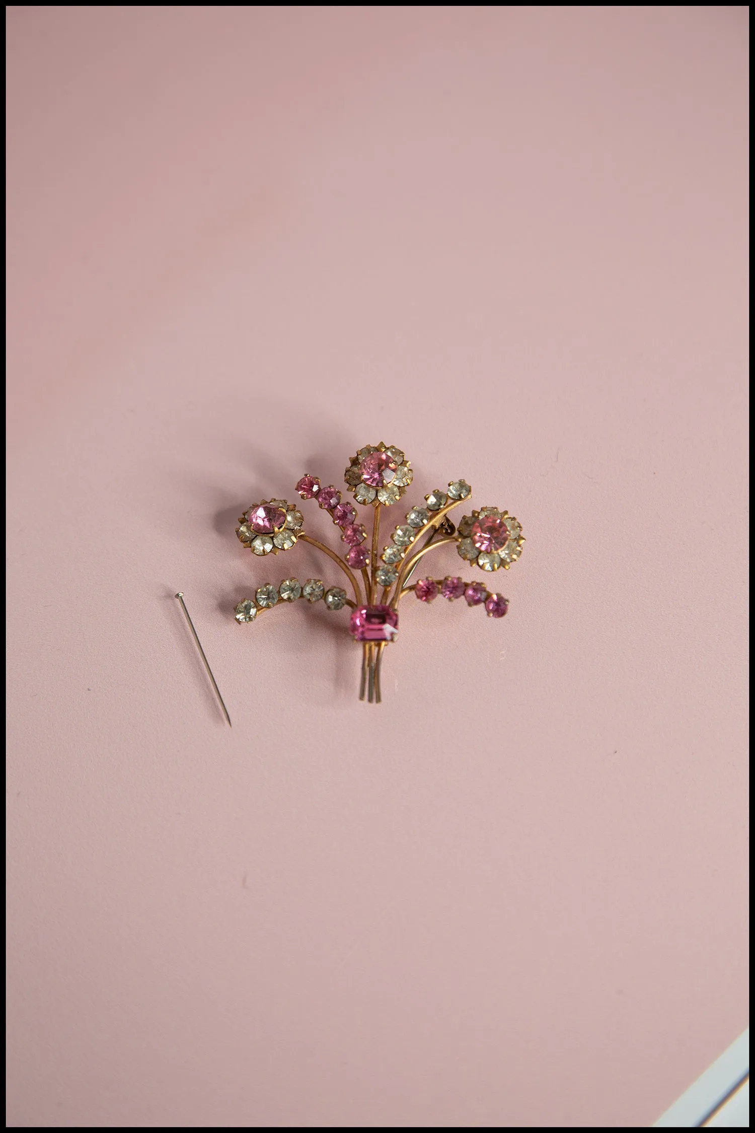 Vintage 1950s Pink Rhinestone Floral Spray Brooch