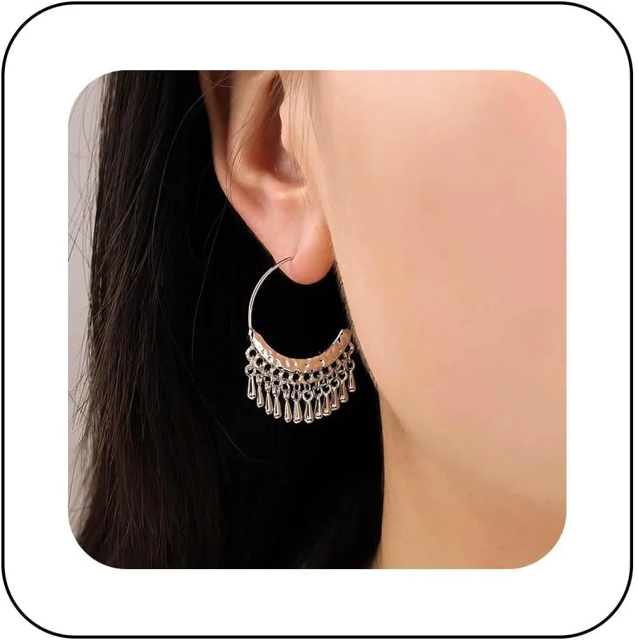 Vintage Ethnic Circle Hoop Earrings Silver Chandelier Earrings Gypsy Dangle Earrings Tribal Gypsy Circle Earrings Traditional Indian Earrings Jewelry for Women