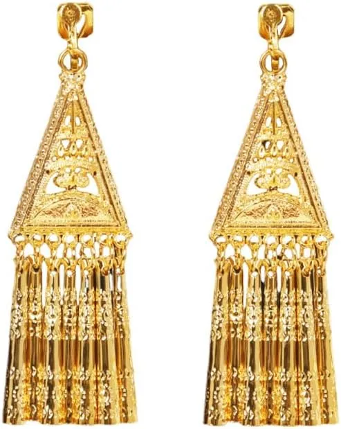 Vintage Indian Chandelier Statement Clip on Earring Boho Ethnic for Women Bollywood Traditional Gypsy Bohemian Gold Long Tassel Dangle Drop Earrings Festival Holiday Party Non Pierced Ears Jewelry