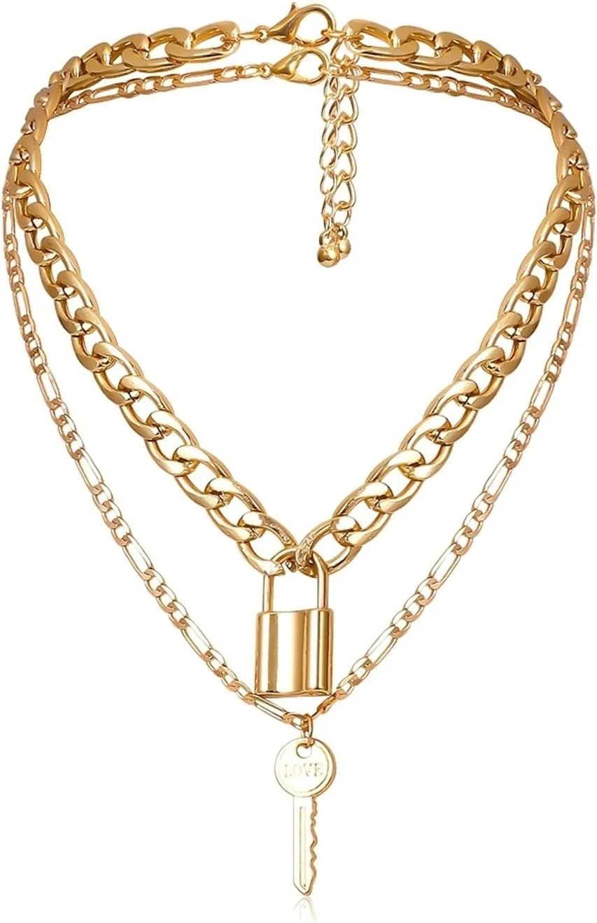 Vintage Layered Necklaces for Women, Pendant Necklace for Women Lobster Claw Alloy Key Lock Multi Layer Chain Design Valentines Day Fashion Jewelry
