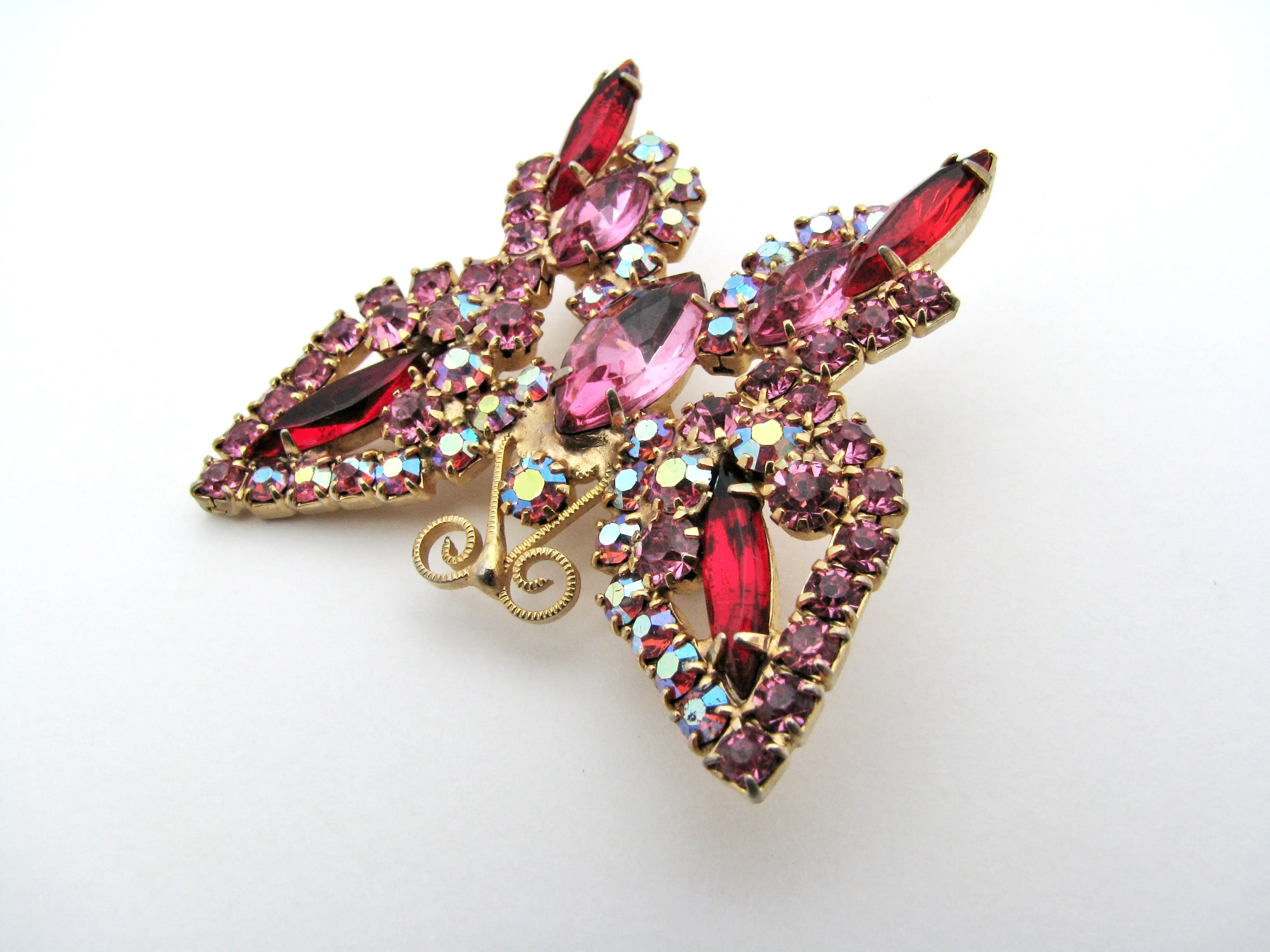 Vintage Pink Rhinestone Butterfly Brooch Pin