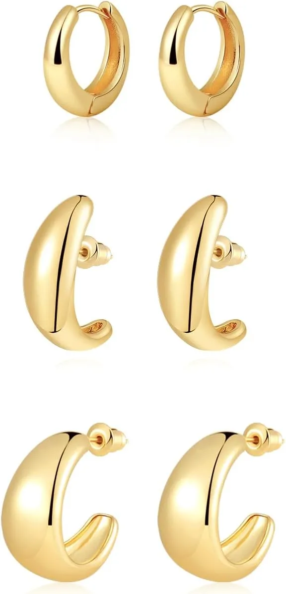 VIROMY Gold Hoop Earrings for Women, 14K Gold Plated Chunky Gold Hoop Earrings Set Hypoallergenic Thick Open Lightweight Hoop Earrings Multipack Jewelry for Gifts