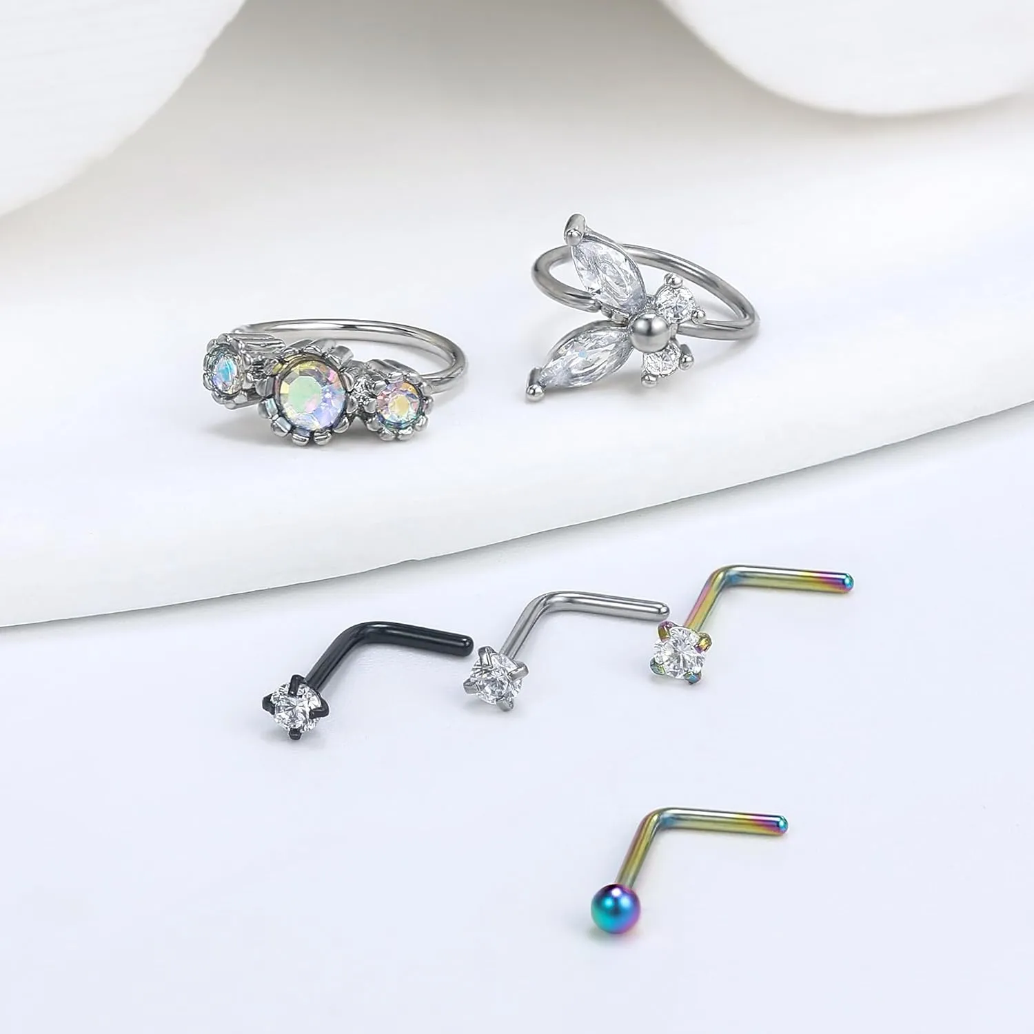 Vsnnsns 20G Nose Rings Studs Piercing Jewelry for Women 316L Surgical Stainless Steel L Shaped Corkscrew Straight Butterfly Heart Diamond CZ Hoop Nose Rings Studs Nostril Piercing Jewelry Silver Gold