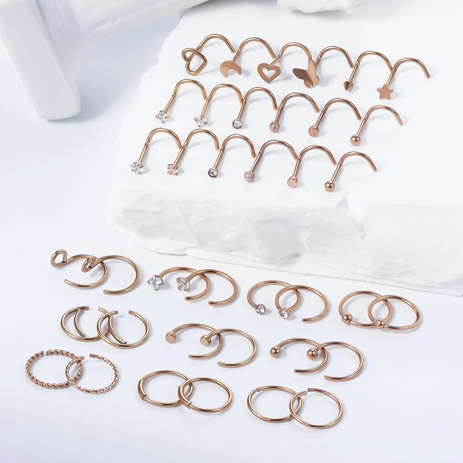Vsnnsns 20G Nose Rings Studs Piercing Jewelry for Women 316L Surgical Stainless Steel L Shaped Corkscrew Straight Butterfly Heart Diamond CZ Hoop Nose Rings Studs Nostril Piercing Jewelry Silver Gold