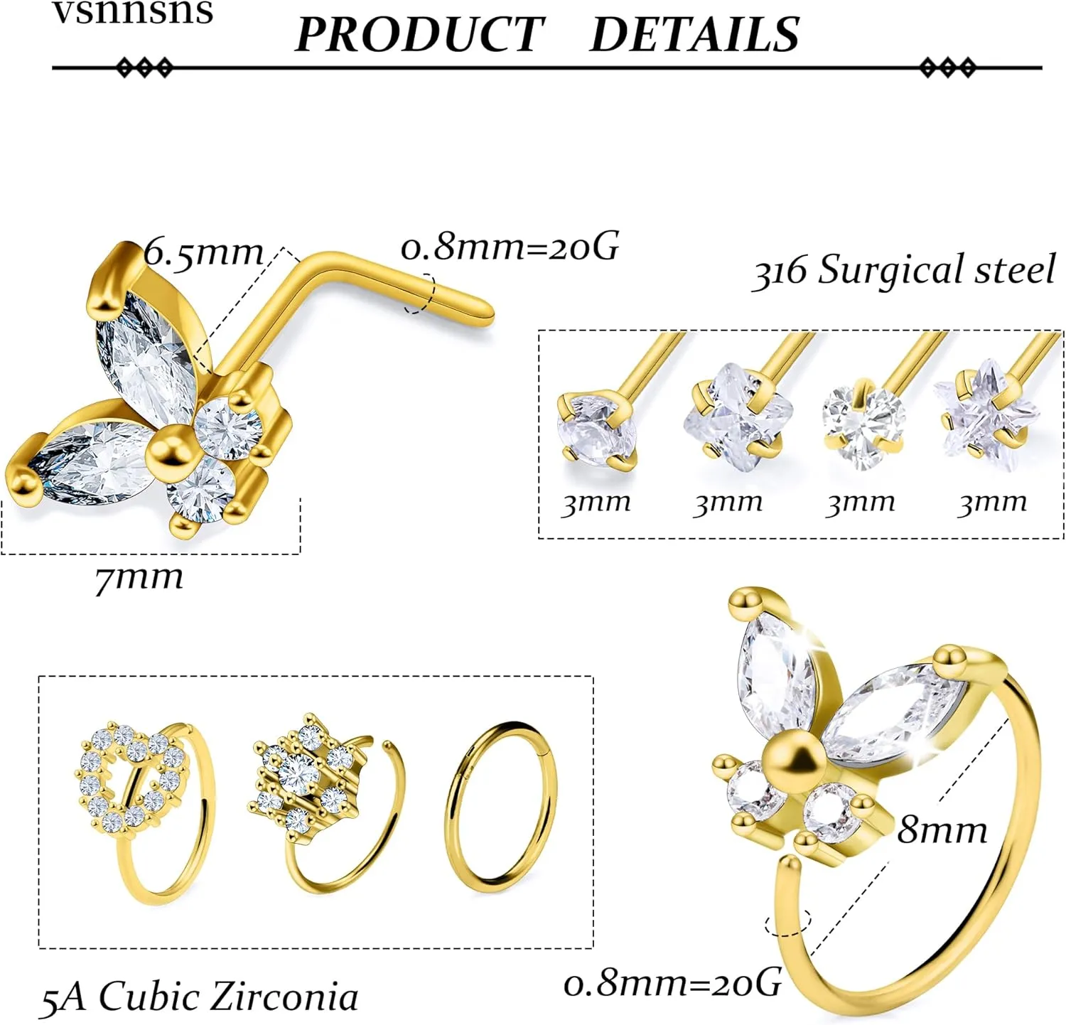 Vsnnsns 20G Nose Rings Studs Piercing Jewelry for Women 316L Surgical Stainless Steel L Shaped Corkscrew Straight Butterfly Heart Diamond CZ Hoop Nose Rings Studs Nostril Piercing Jewelry Silver Gold