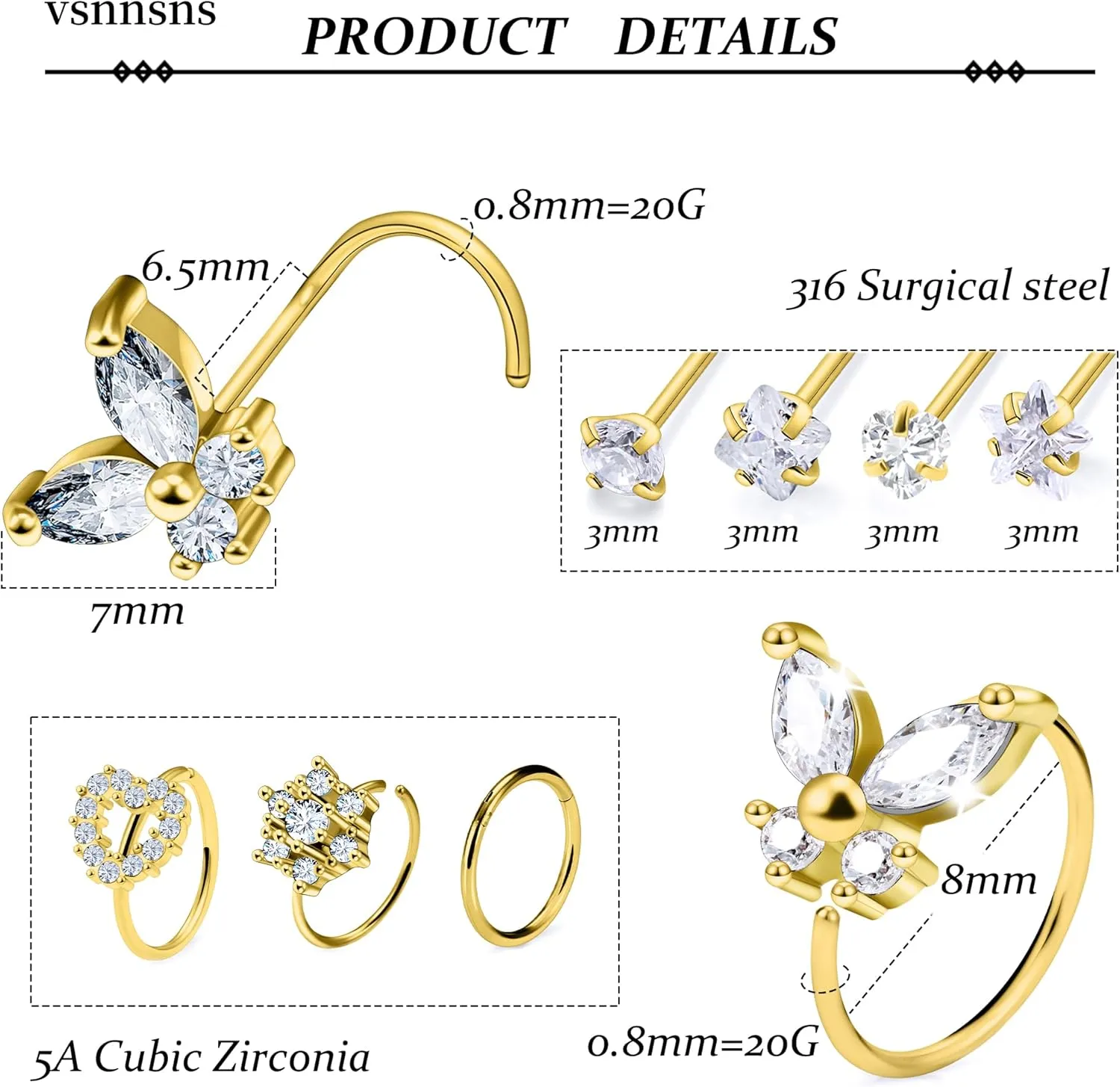 Vsnnsns 20G Nose Rings Studs Piercing Jewelry for Women 316L Surgical Stainless Steel L Shaped Corkscrew Straight Butterfly Heart Diamond CZ Hoop Nose Rings Studs Nostril Piercing Jewelry Silver Gold