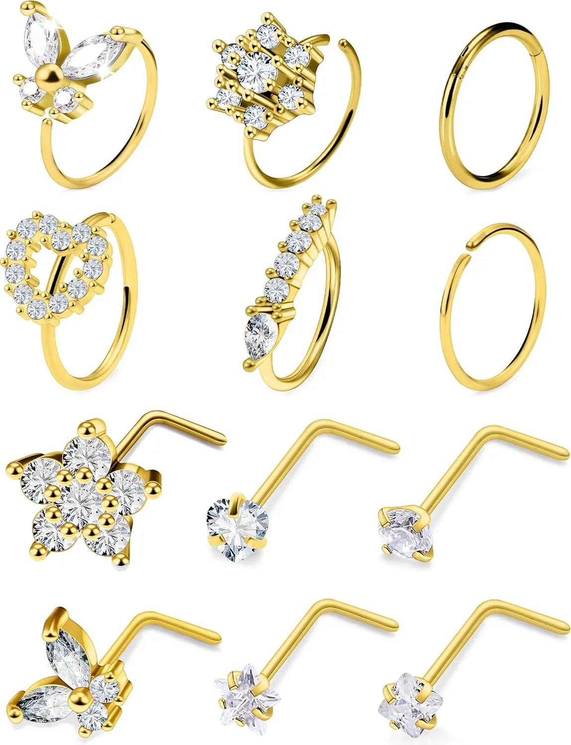 Vsnnsns 20G Nose Rings Studs Piercing Jewelry for Women 316L Surgical Stainless Steel L Shaped Corkscrew Straight Butterfly Heart Diamond CZ Hoop Nose Rings Studs Nostril Piercing Jewelry Silver Gold