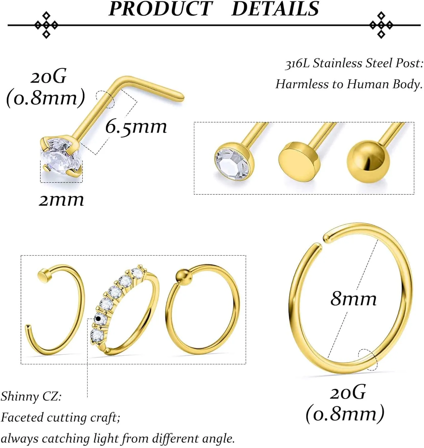 Vsnnsns 20G Nose Rings Studs Piercing Jewelry for Women 316L Surgical Stainless Steel L Shaped Corkscrew Straight Diamond CZ Hoop Nose Rings Studs Nostril Piercing Jewelry Hypoallergenic 20 Gauge