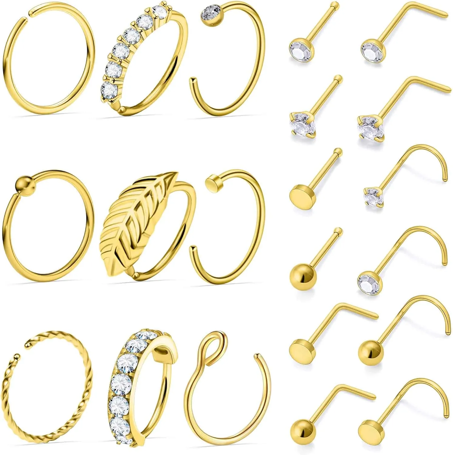 Vsnnsns 20G Nose Rings Studs Piercing Jewelry for Women 316L Surgical Stainless Steel L Shaped Corkscrew Straight Diamond CZ Hoop Nose Rings Studs Nostril Piercing Jewelry Hypoallergenic 20 Gauge
