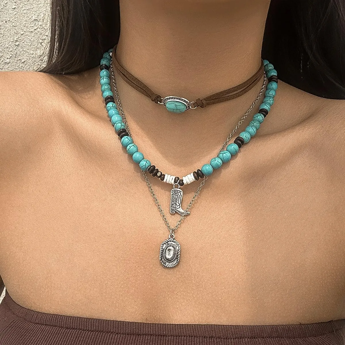 Western Choker Necklaces for Women Vintage Layered Turquoise Beaded Western Jewelry Boho Ox-head Cactus Cross Chain Choker Native Tribal Cowgirl Dresses Accessories