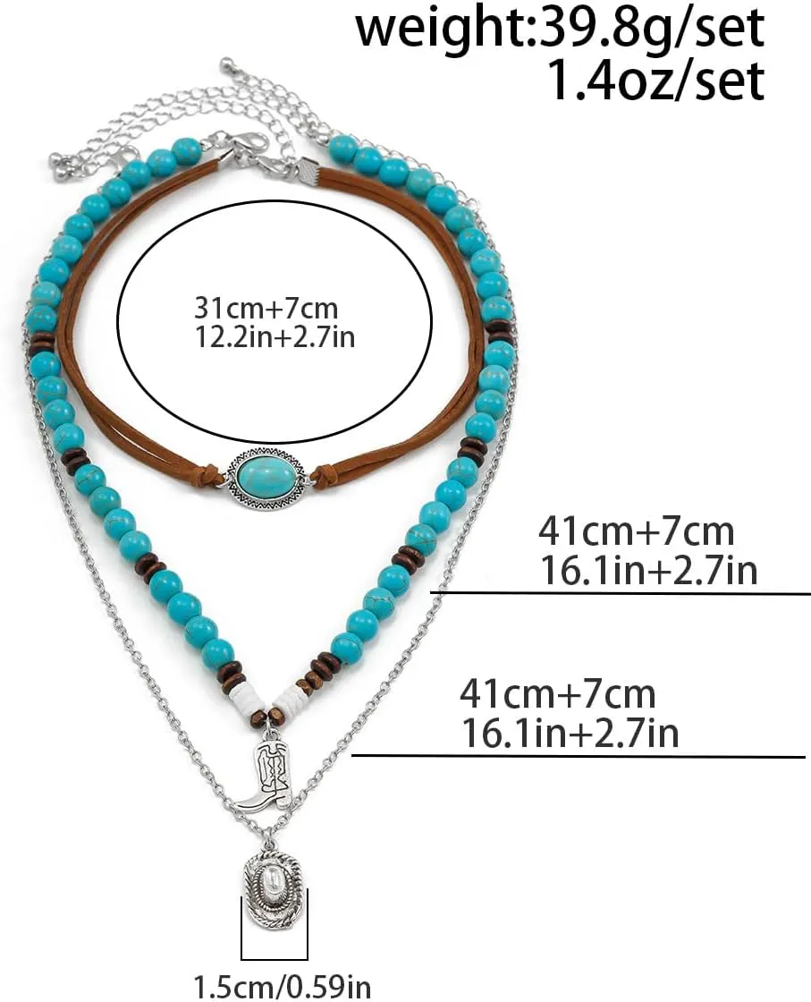 Western Choker Necklaces for Women Vintage Layered Turquoise Beaded Western Jewelry Boho Ox-head Cactus Cross Chain Choker Native Tribal Cowgirl Dresses Accessories