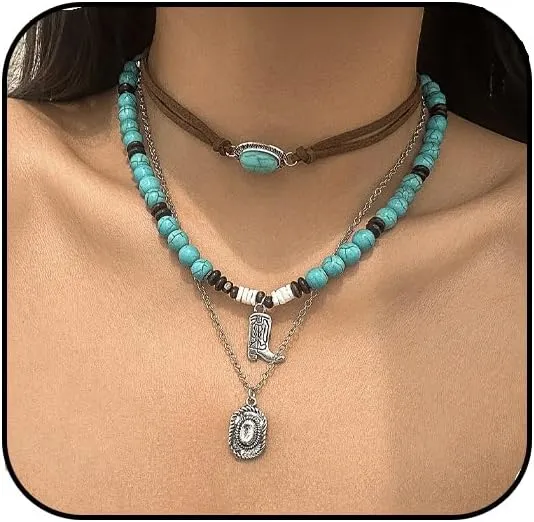 Western Choker Necklaces for Women Vintage Layered Turquoise Beaded Western Jewelry Boho Ox-head Cactus Cross Chain Choker Native Tribal Cowgirl Dresses Accessories