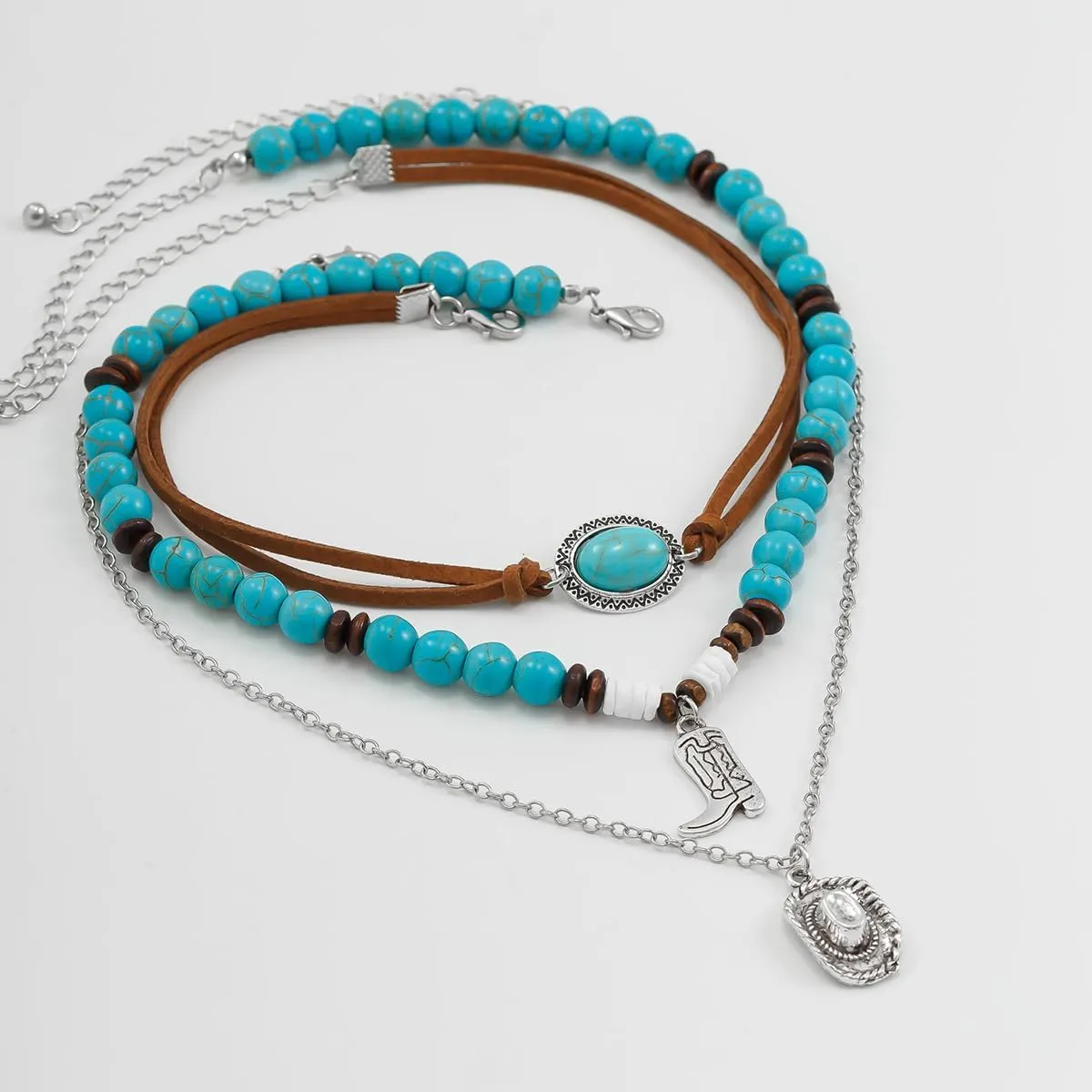 Western Choker Necklaces for Women Vintage Layered Turquoise Beaded Western Jewelry Boho Ox-head Cactus Cross Chain Choker Native Tribal Cowgirl Dresses Accessories