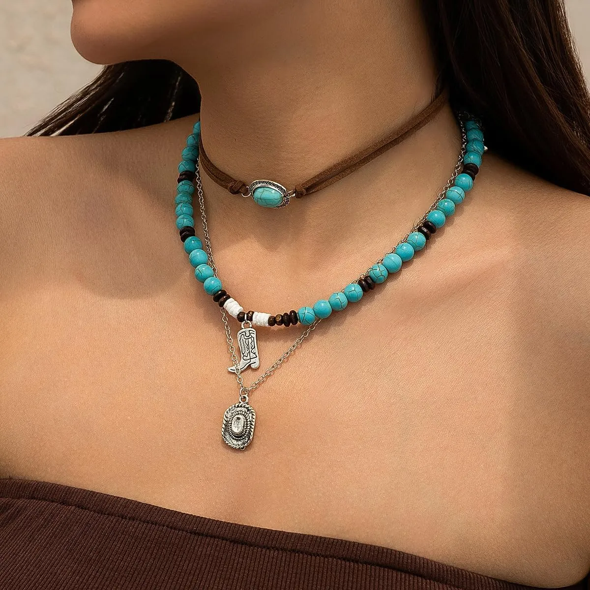 Western Choker Necklaces for Women Vintage Layered Turquoise Beaded Western Jewelry Boho Ox-head Cactus Cross Chain Choker Native Tribal Cowgirl Dresses Accessories