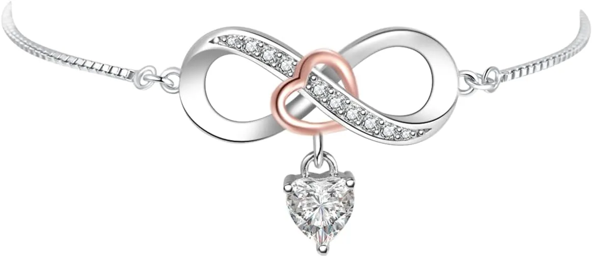 Women Bracelet Infinity Love Sparkle Heart Charm Adjustable Silver Forever Always CZ Rose Gold Stainless Steel Family Friend Couple Birthday Anniversary