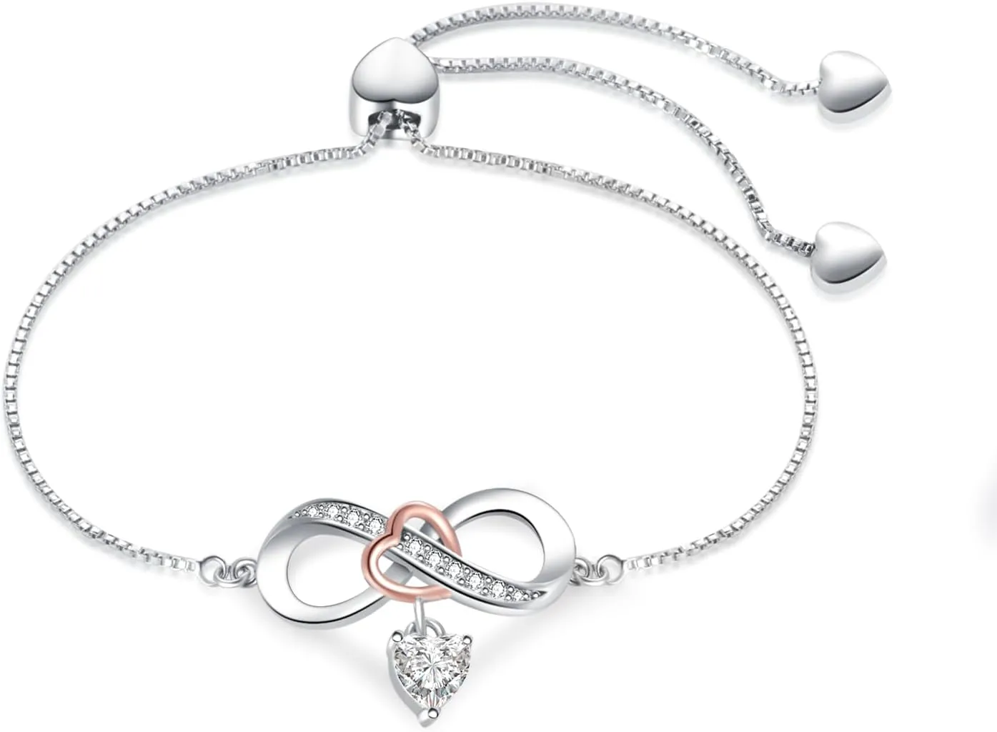 Women Bracelet Infinity Love Sparkle Heart Charm Adjustable Silver Forever Always CZ Rose Gold Stainless Steel Family Friend Couple Birthday Anniversary