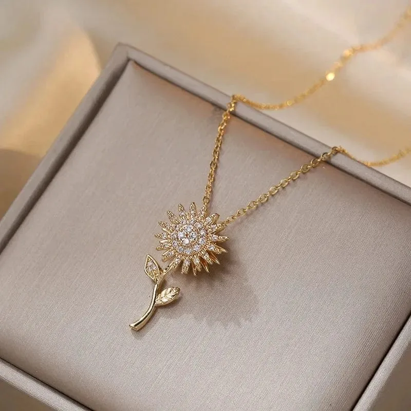 Women Double-layer Rotatable Sunflower Necklaces  Choker Stainless Steel