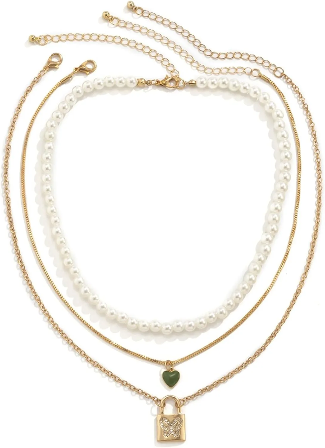 Womens Layered Necklace, Gold Plated Necklace 3 Layer Gold Pearl Heart Butterfly Lock Design with Cz Valentines Day Trendy Jewelry