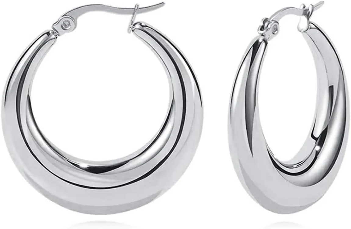 WOWORAMA Big Chunky Hoop Earrings for Women Silver Gold Stainless Steel Hoop Earrings Oval Thick Hollow Tube Hoop Earrings 20/30/40MM Hoops