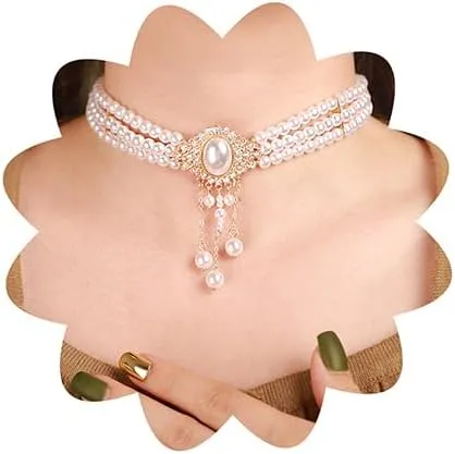 Xerling Vintage 1920s Layered Faux Pearl Choker Necklaces Imitation Pearl Rhinestones Pendant Chains Flapper Costume Necklaces for Party