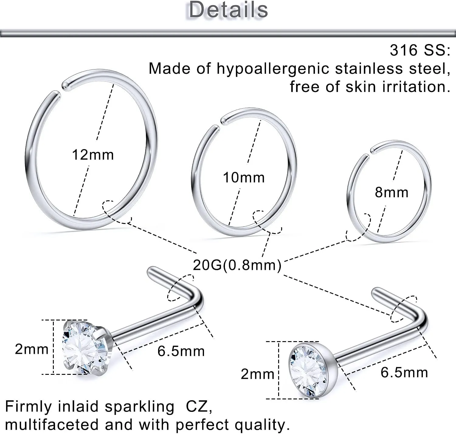 Yaalozei 18G 20G 22G Nose Rings Studs 316L Surgical Steel Hypoallergenic L Shape Screw Nose Rings Nose Hoop Diamond Heart Nostril Nose Piercing Jewelry for Women Men Silver Rose Gold Black Rainbow