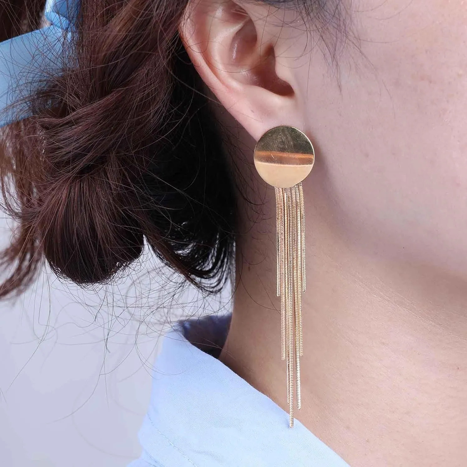YienDoo Boho Disc Stud Earrings Lightweight Long Tassel Dangle Drop Earringsa Statement Round Coin Stud Tassel Chain Drop Earring Minimalist Prom Earrings for Women