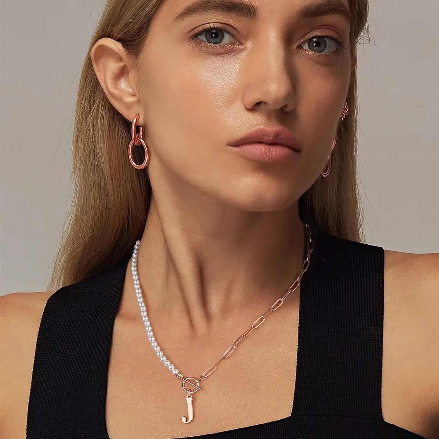 Yoosteel Pearl Initial Necklace for Women, Dainty Pearl Chain Choker Initial Necklaces for Women Toggle Clasp Paperclip Link Chain Gold Necklace Jewelry Gifts