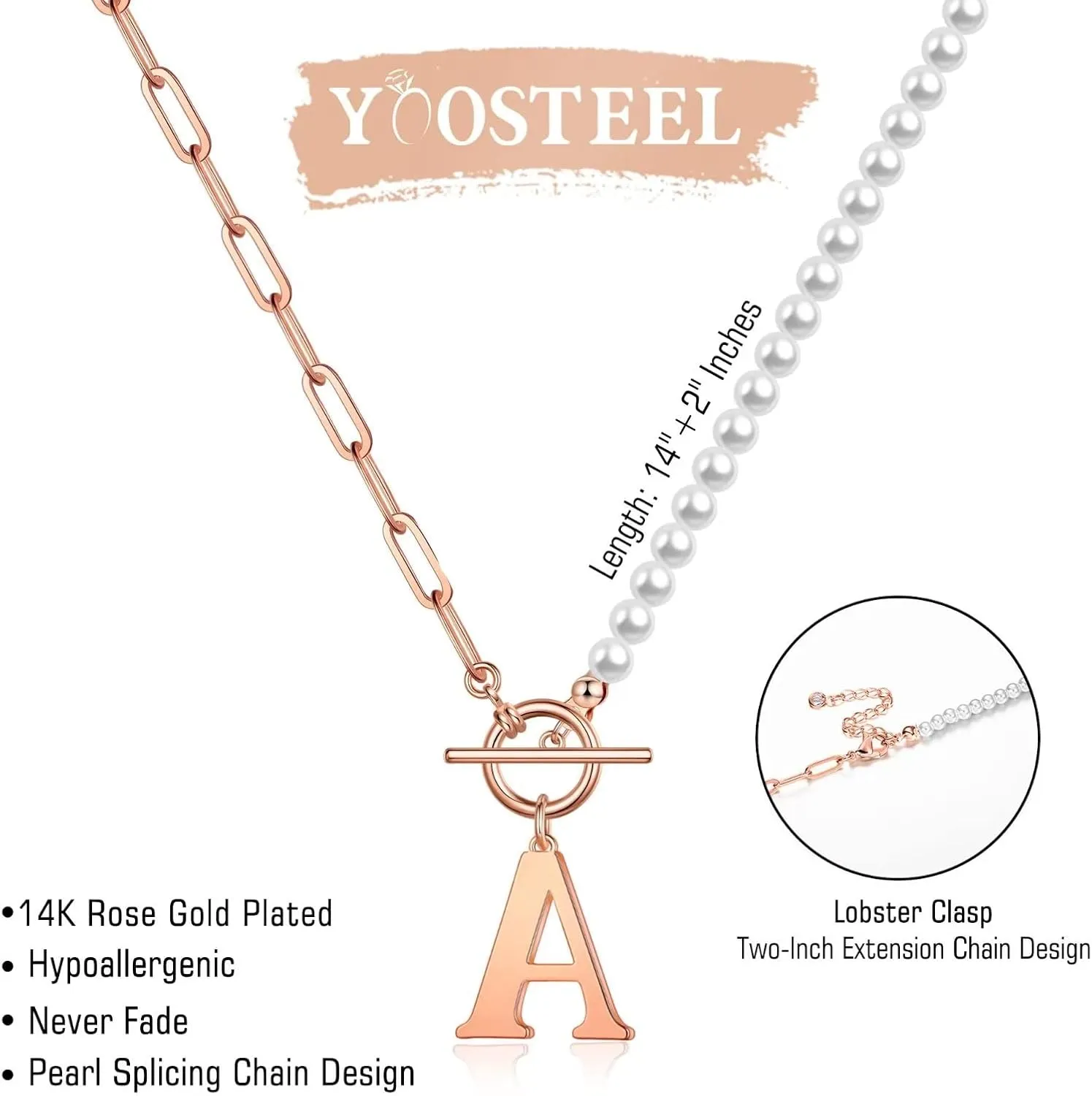 Yoosteel Pearl Initial Necklace for Women, Dainty Pearl Chain Choker Initial Necklaces for Women Toggle Clasp Paperclip Link Chain Gold Necklace Jewelry Gifts