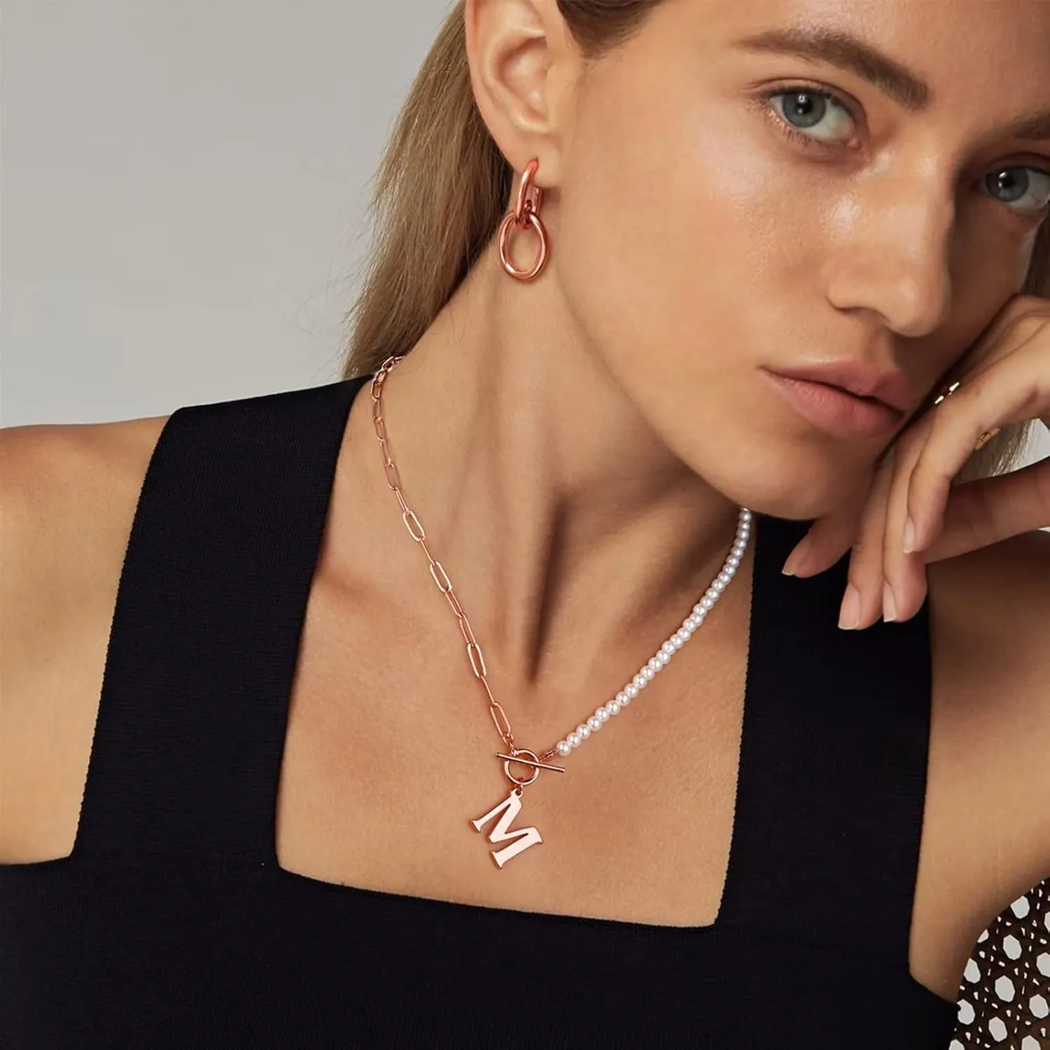 Yoosteel Pearl Initial Necklace for Women, Dainty Pearl Chain Choker Initial Necklaces for Women Toggle Clasp Paperclip Link Chain Gold Necklace Jewelry Gifts