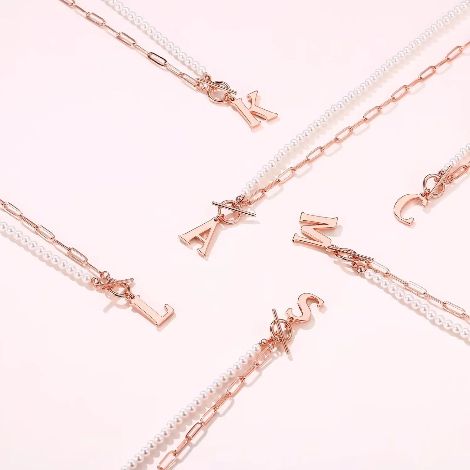 Yoosteel Pearl Initial Necklace for Women, Dainty Pearl Chain Choker Initial Necklaces for Women Toggle Clasp Paperclip Link Chain Gold Necklace Jewelry Gifts