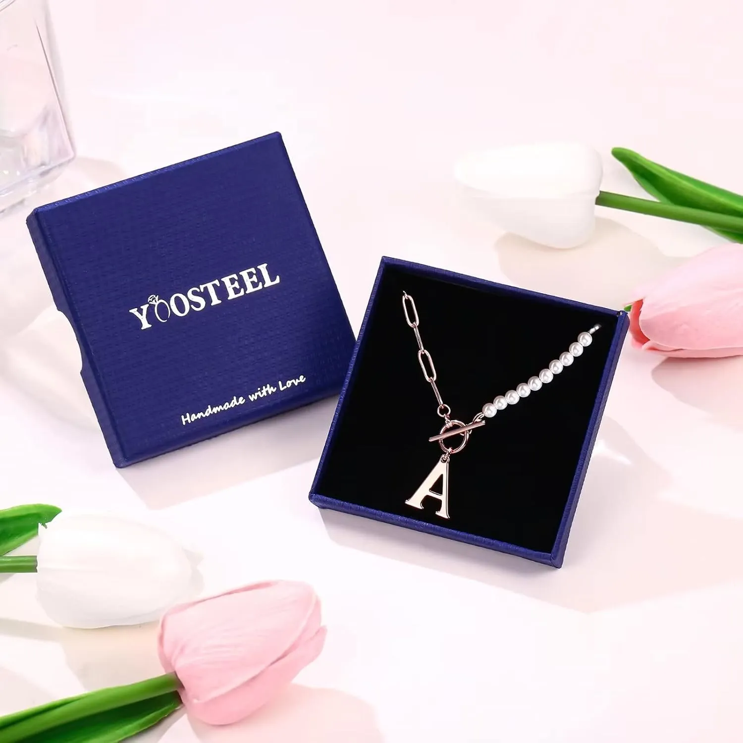 Yoosteel Pearl Initial Necklace for Women, Dainty Pearl Chain Choker Initial Necklaces for Women Toggle Clasp Paperclip Link Chain Gold Necklace Jewelry Gifts